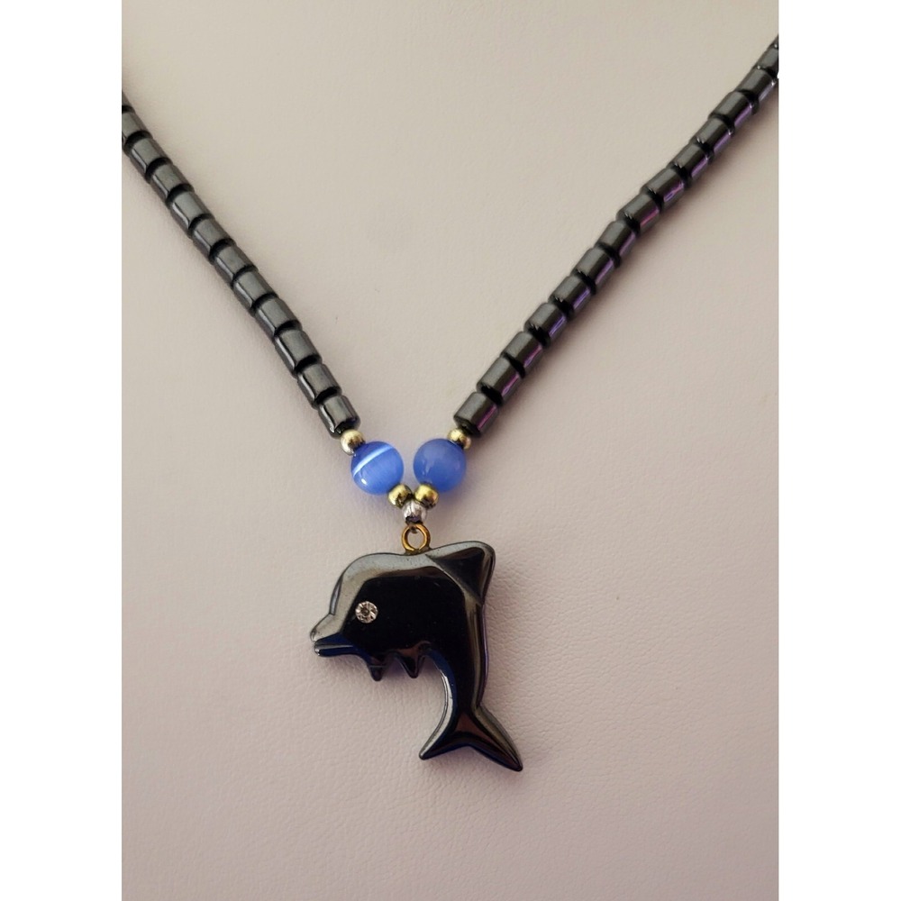Hematite Magnetic Necklace Black Gunmetal Beaded‎ Dolphin Pendant Rhinestone Eye
